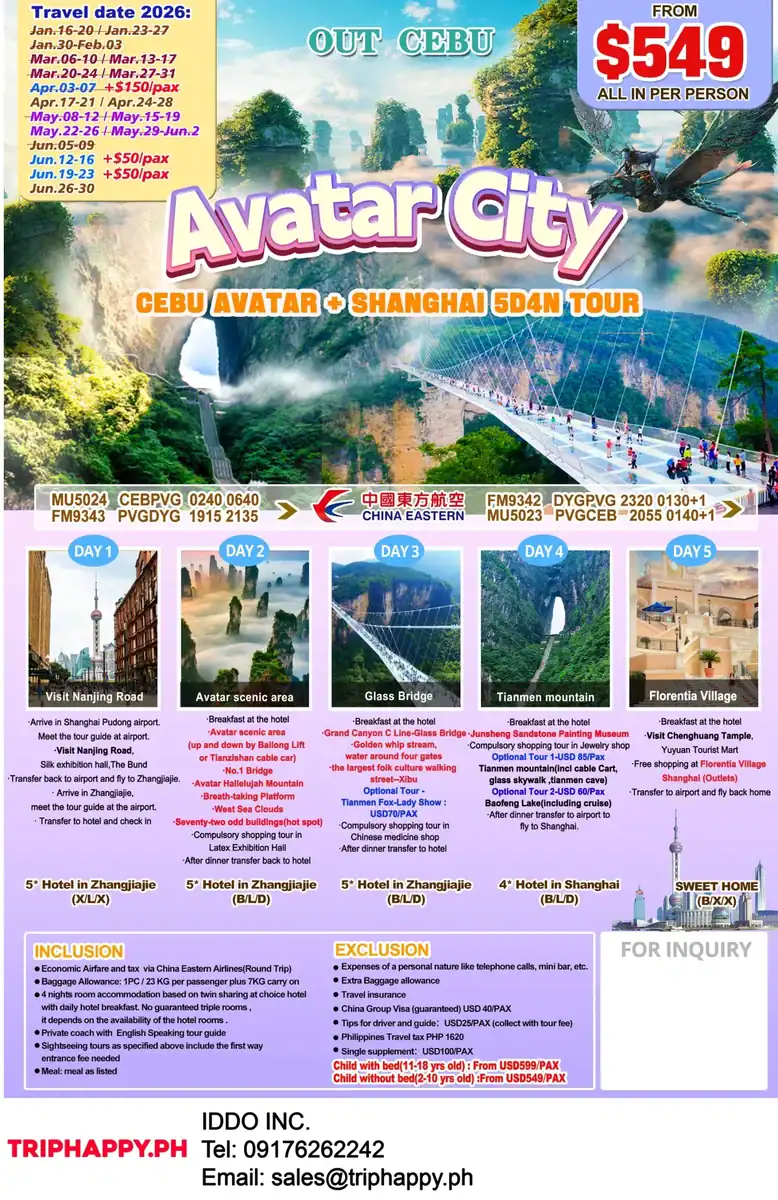Avatar Shanghai 5D4N Tour Out Cebu 2026
