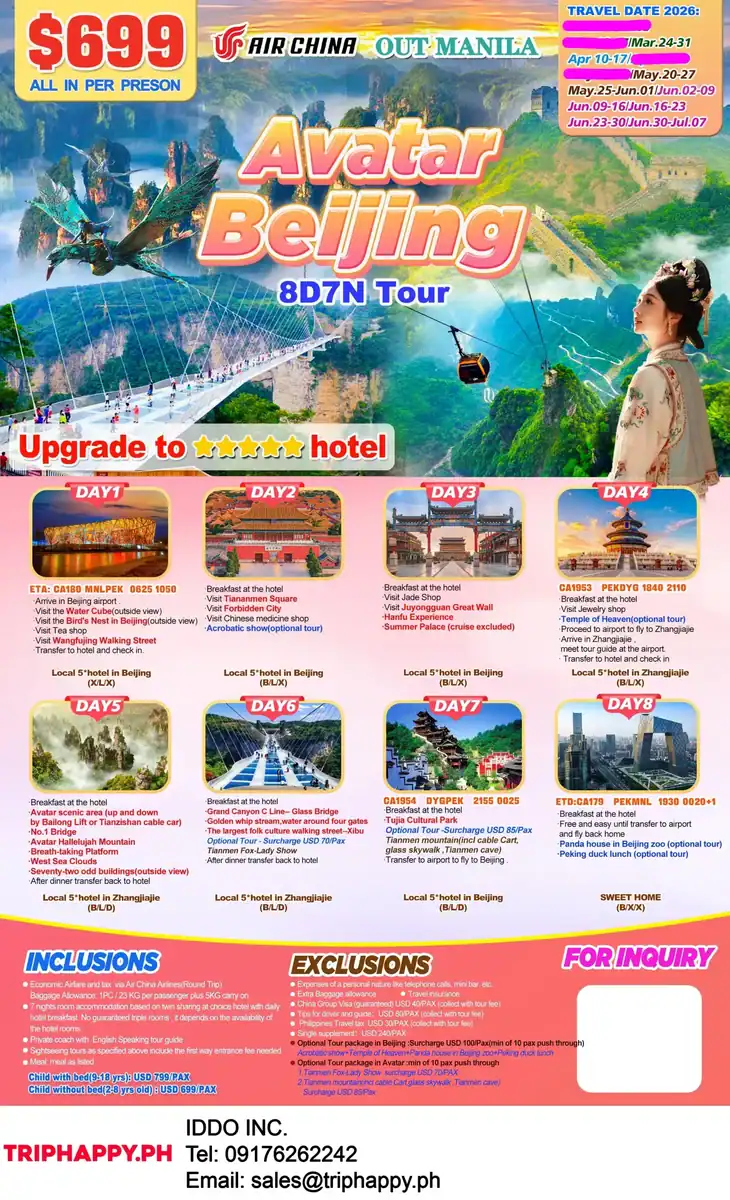 Avatar Beijing 8D7N Tour Out Manila 2026