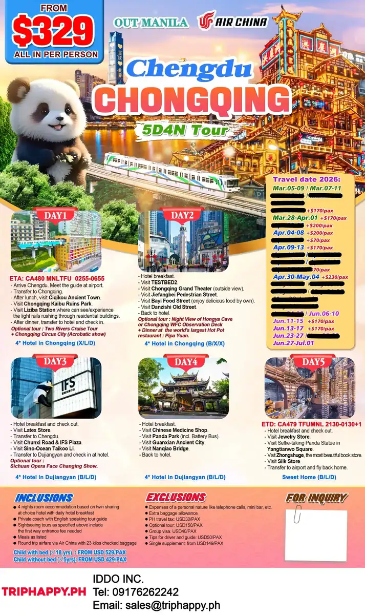 Chengdu Chongqing 5D4N Tour Package 2026 Out Manila