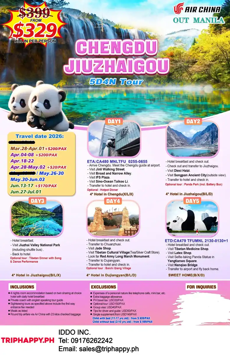 Chengdu Jiuzhaigou 5D4N Tour Package 2026 Out Manila