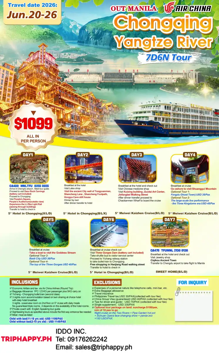 Chongqing Yangtze River 7D6N Tour Package 2026 Out Manila