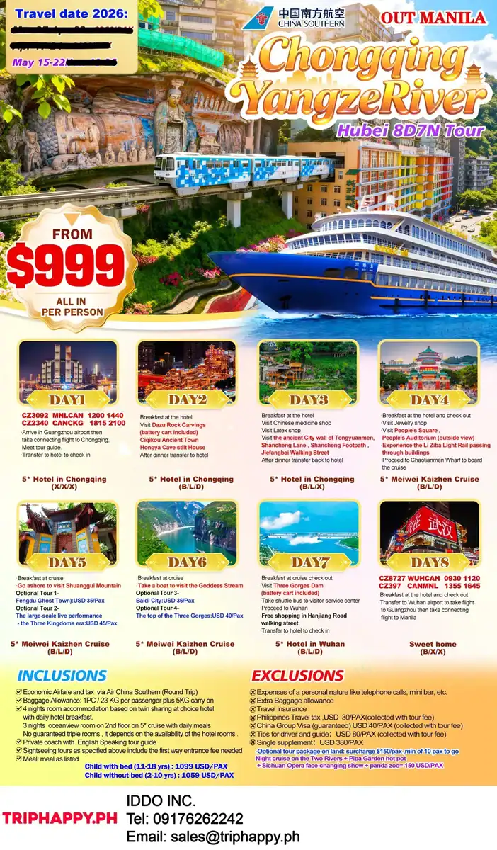 Chongqing Yangtze River Hubei 8D7N Tour Package 2026 Out Manila