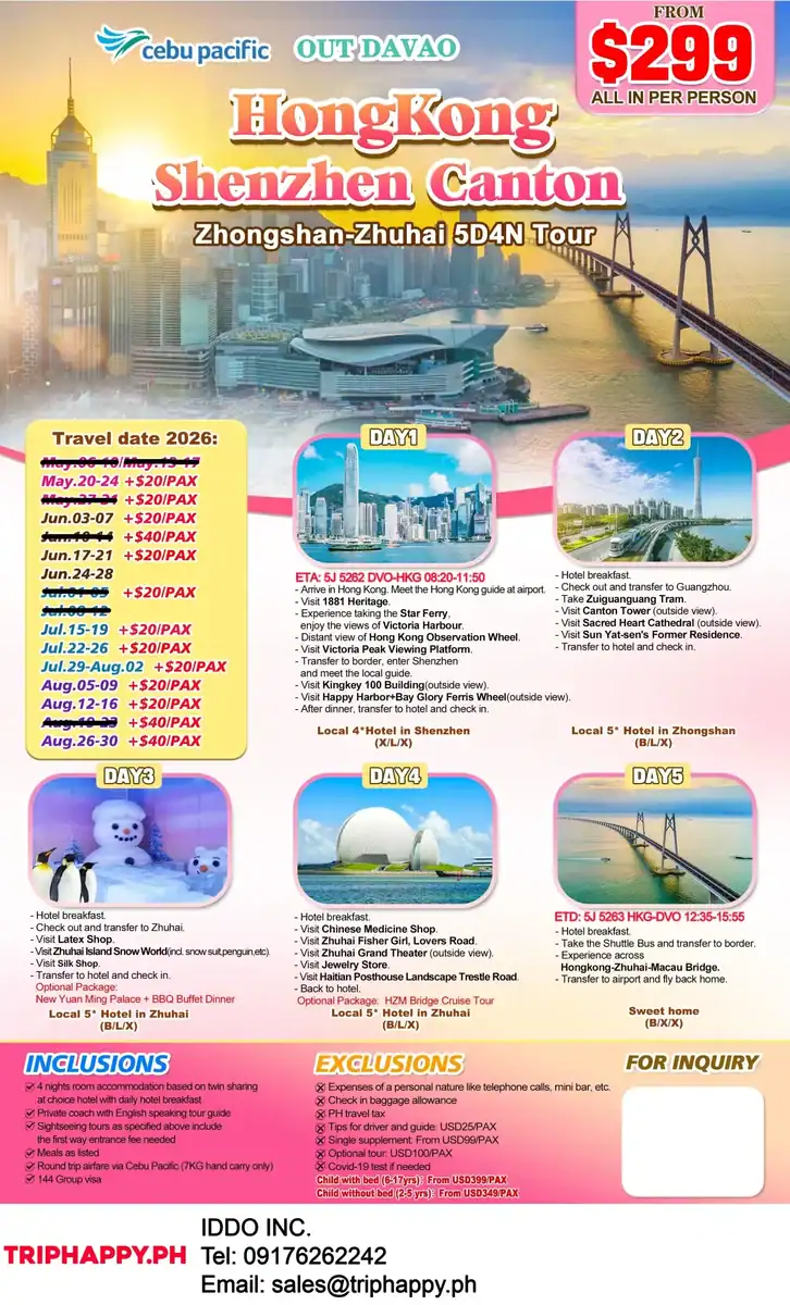 Hong Kong Shenzhen Canton Zhuhai 5D4N Out Davao 2026