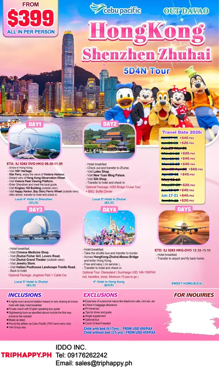 Hong Kong Shenzhen Zhuhai 5D4N Out Davao 2026