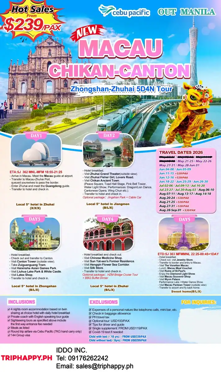 Macau Chikan Canton Zhongshan Zhuhai 5D4N Out Manila 2026