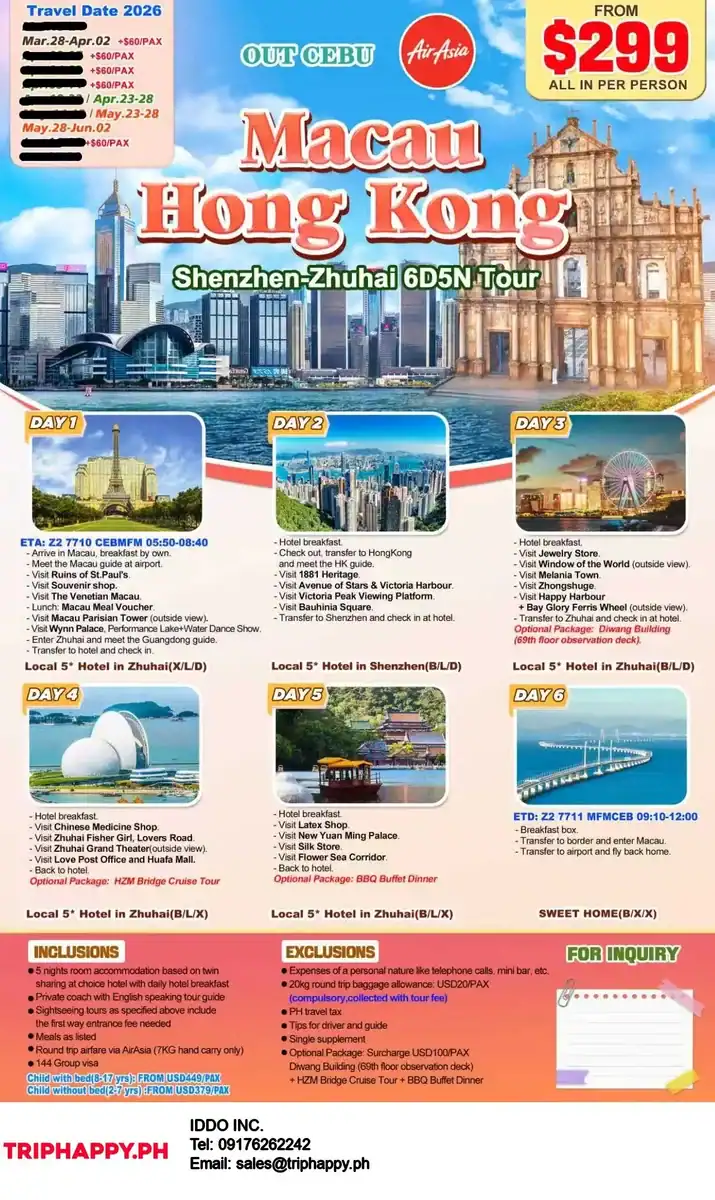 Macau Hong Kong Shenzhen Zhuhai 6D5N Out Cebu 2026