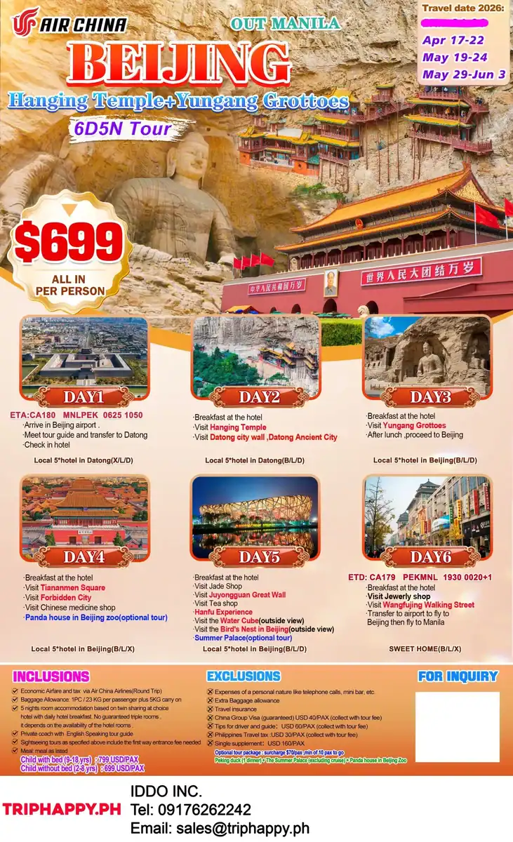 Beijing Hanging Temple Yungang Grottoes 6D5N Tour Out Manila 2026