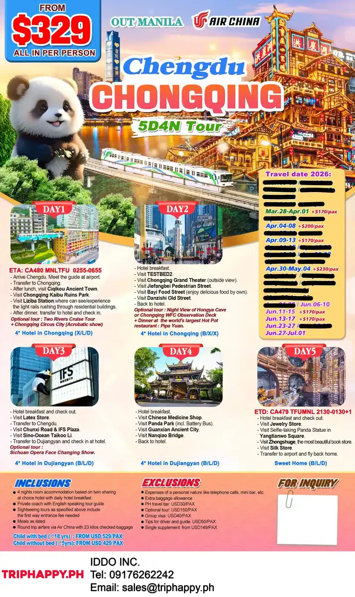 Chengdu Chongqing 5D4N Tour Package 2026 Out Manila