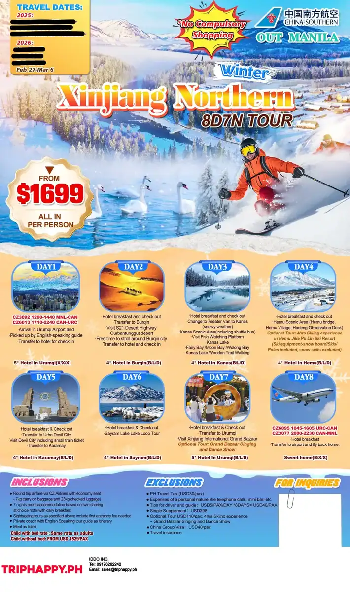 Xinjiang Northern 8D7N Winter Tour Package 2026 Out Manila