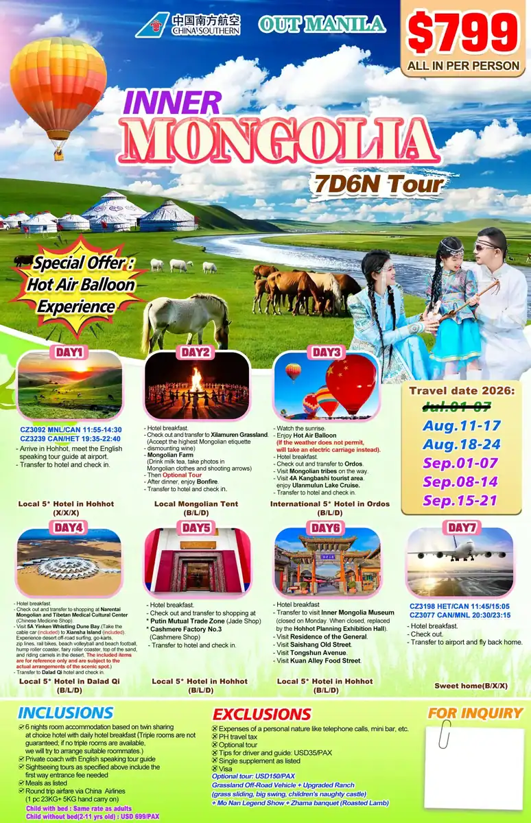 Inner Mongolia 7D6N Tour Package 2026 From Manila