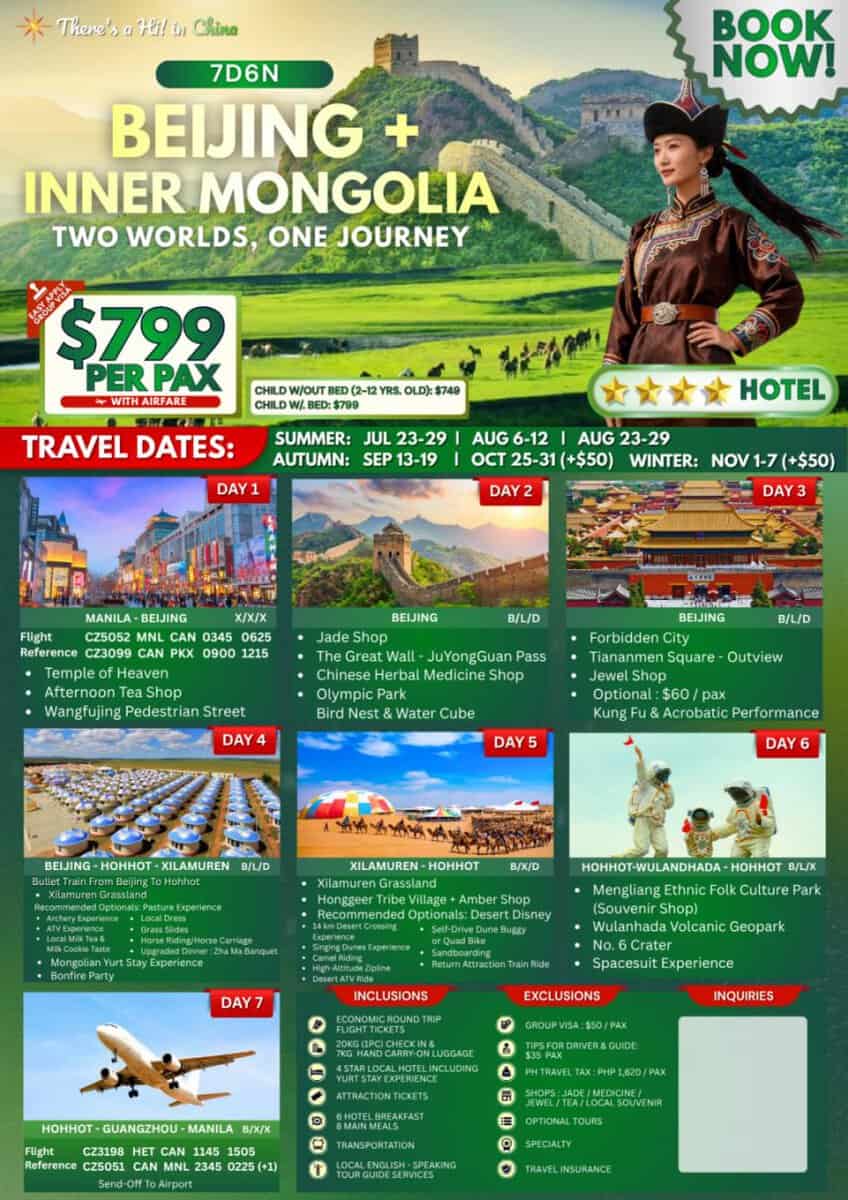 Beijing + Inner Mongolia Tour 7D6N Out Manila Flyer