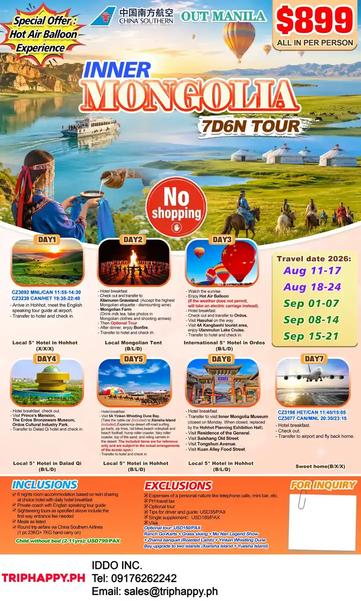 Inner Mongolia Tour 7D6N Out Manila Flyer