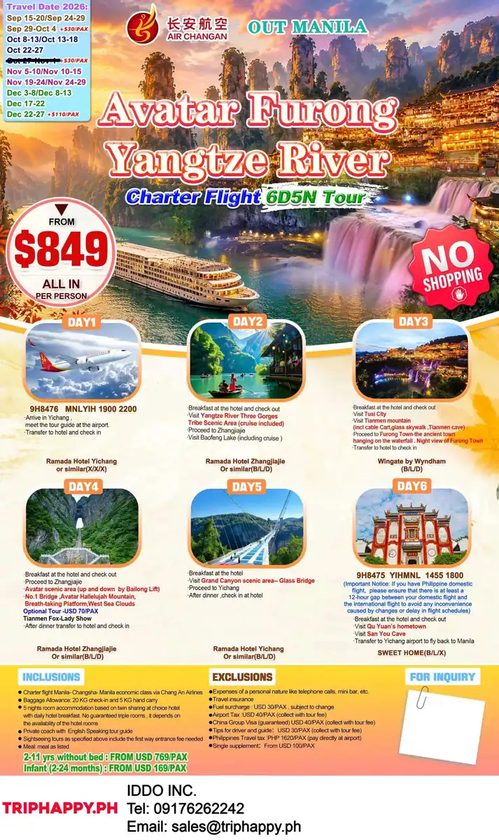 Avatar–Furong 6D5N Tour Charter Flight - Out Manila