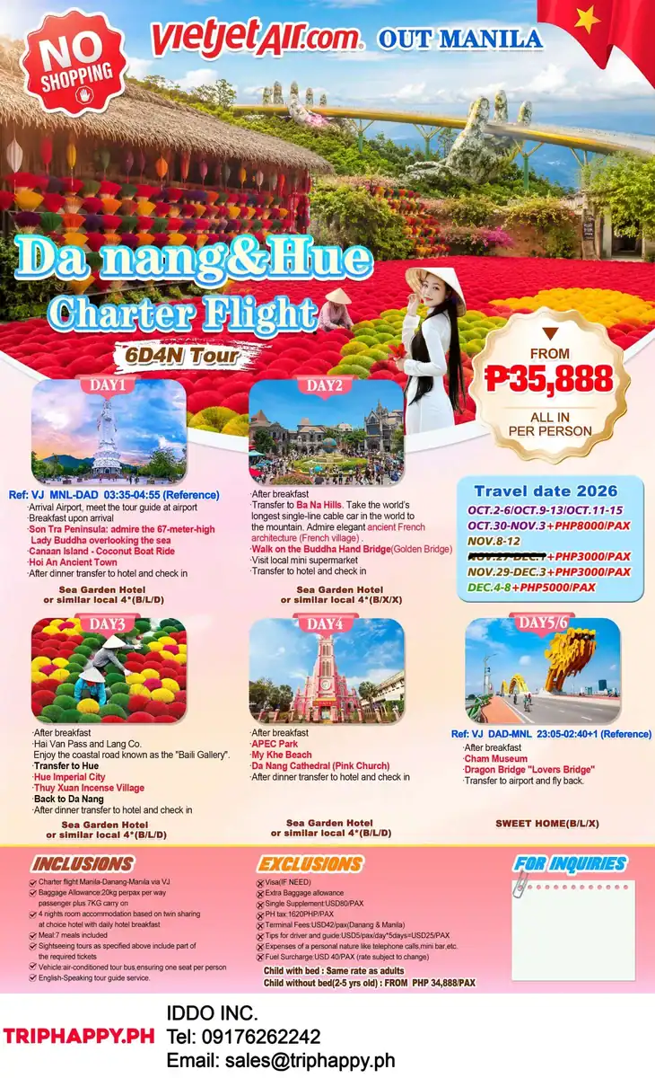 Danang and Hue Charter Flight 6D4N- Out Manila