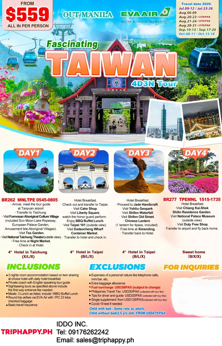 Fascinating Taiwan 5D4N Tour Out of Manila