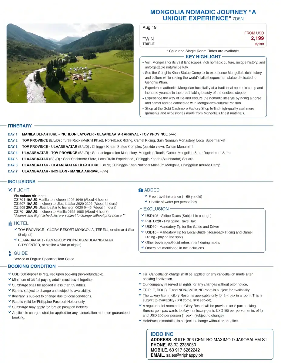 Package 2 - Mongolia Tour Package from Philippines Mongolia Tour Package from Philippines - Package 2