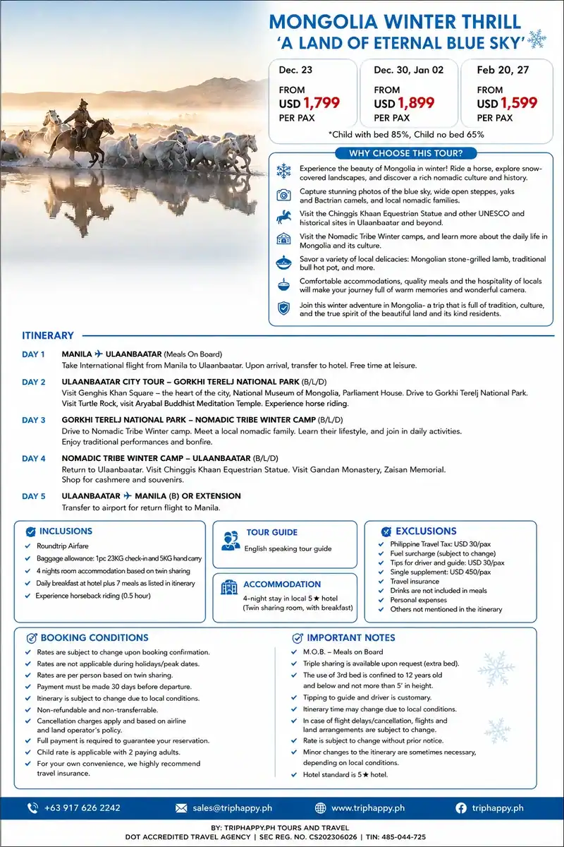 Package 3 - Mongolia Winter Tour Package from Philippines Mongolia Winter Tour Package from Philippines - Package 3