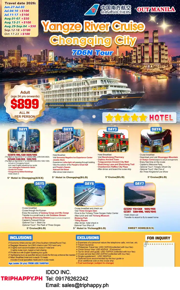 Chongqing City Yangtze River Cruise 7D6N Tour Out Manila