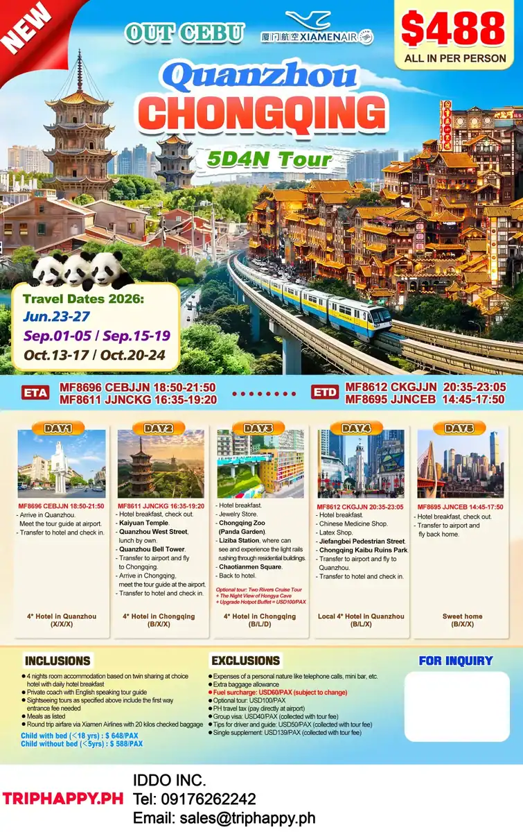 Quanzhou Chongqing 5D4N Tour Out Cebu