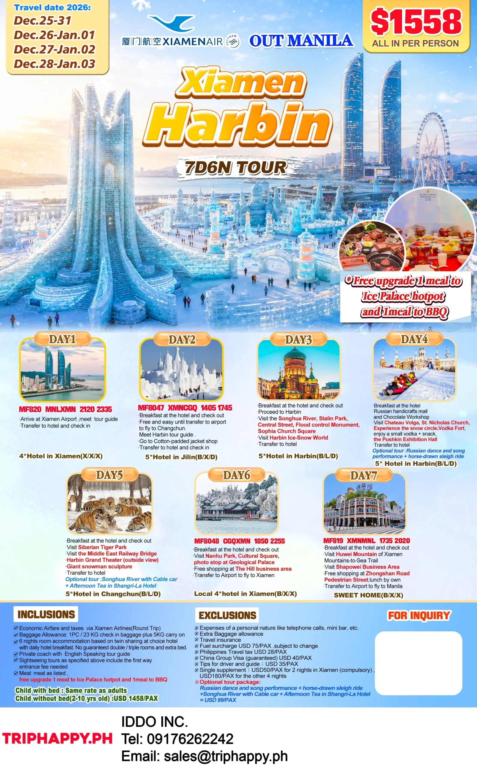 Xiamen Harbin Changchun 7D6N Tour Out Manila