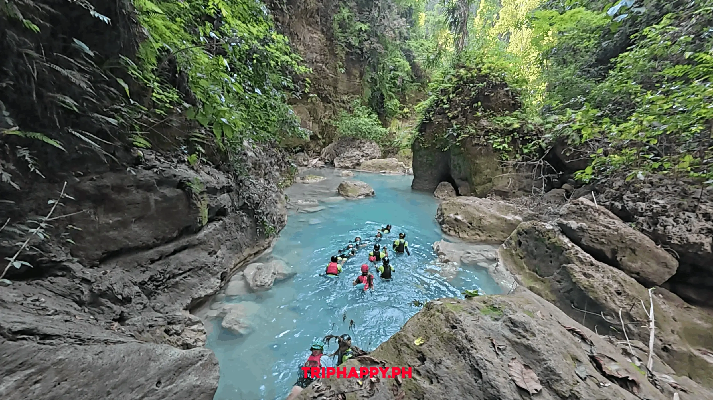 Guests exploring the scenic canyons and rivers of Kawasan Falls.