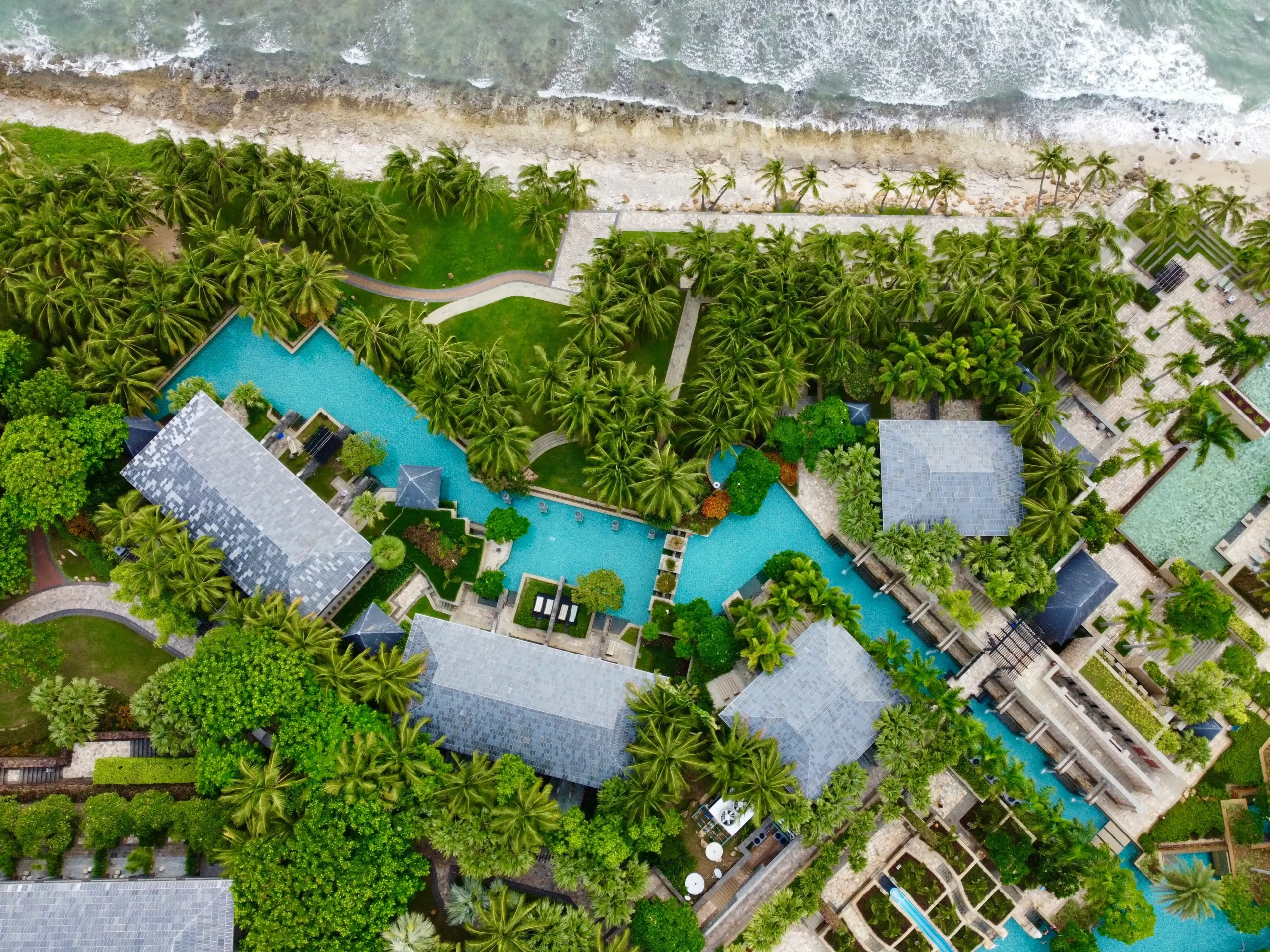 Aerial view of Hainan tropical resort and landscaped surroundings