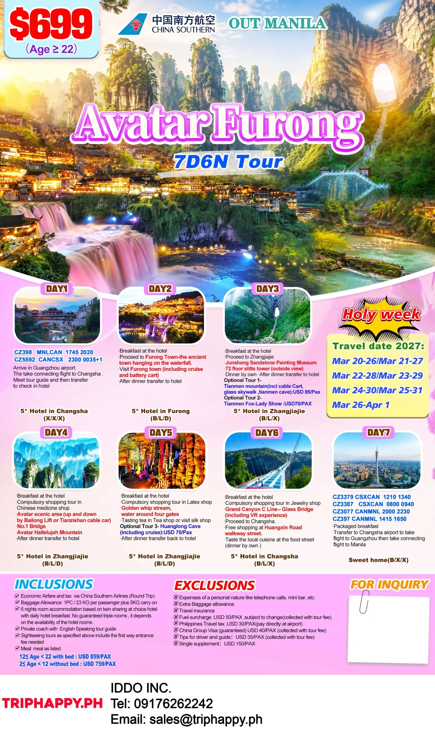 Avatar–Furong 7D6N Tour- Out Manila
