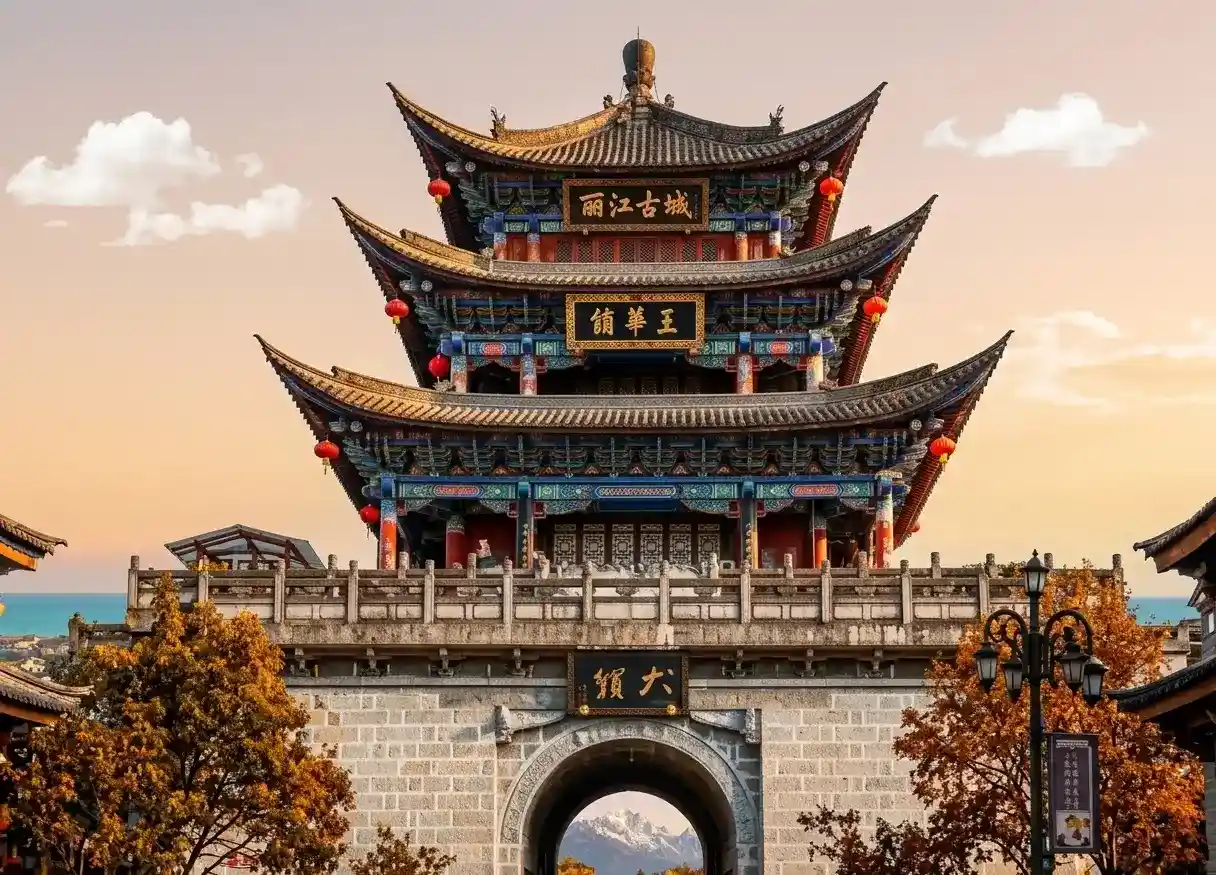 An ornate, multi-tiered traditional Chinese city gate featuring vibrant blue and red wooden carvings, sweeping tiled roofs, and stone arches under a warm sky.