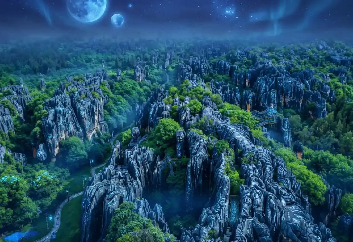 A surreal, night-time digital fantasy illustration of karst rock towers glowing with blue bioluminescent markings under double crescent moons.