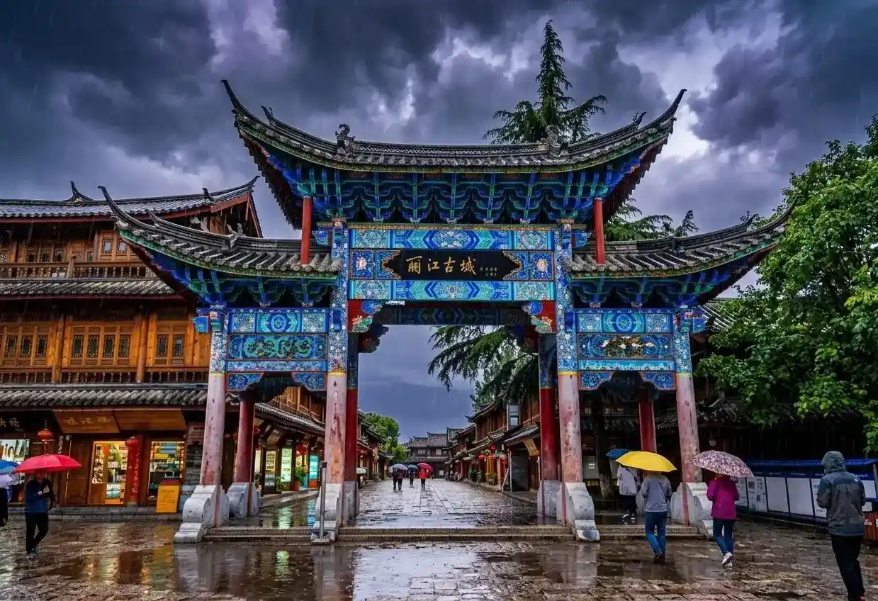 A colorful traditional Chinese paifang archway with Chinese calligraphy standing over a wet stone street with pedestrians holding umbrellas.