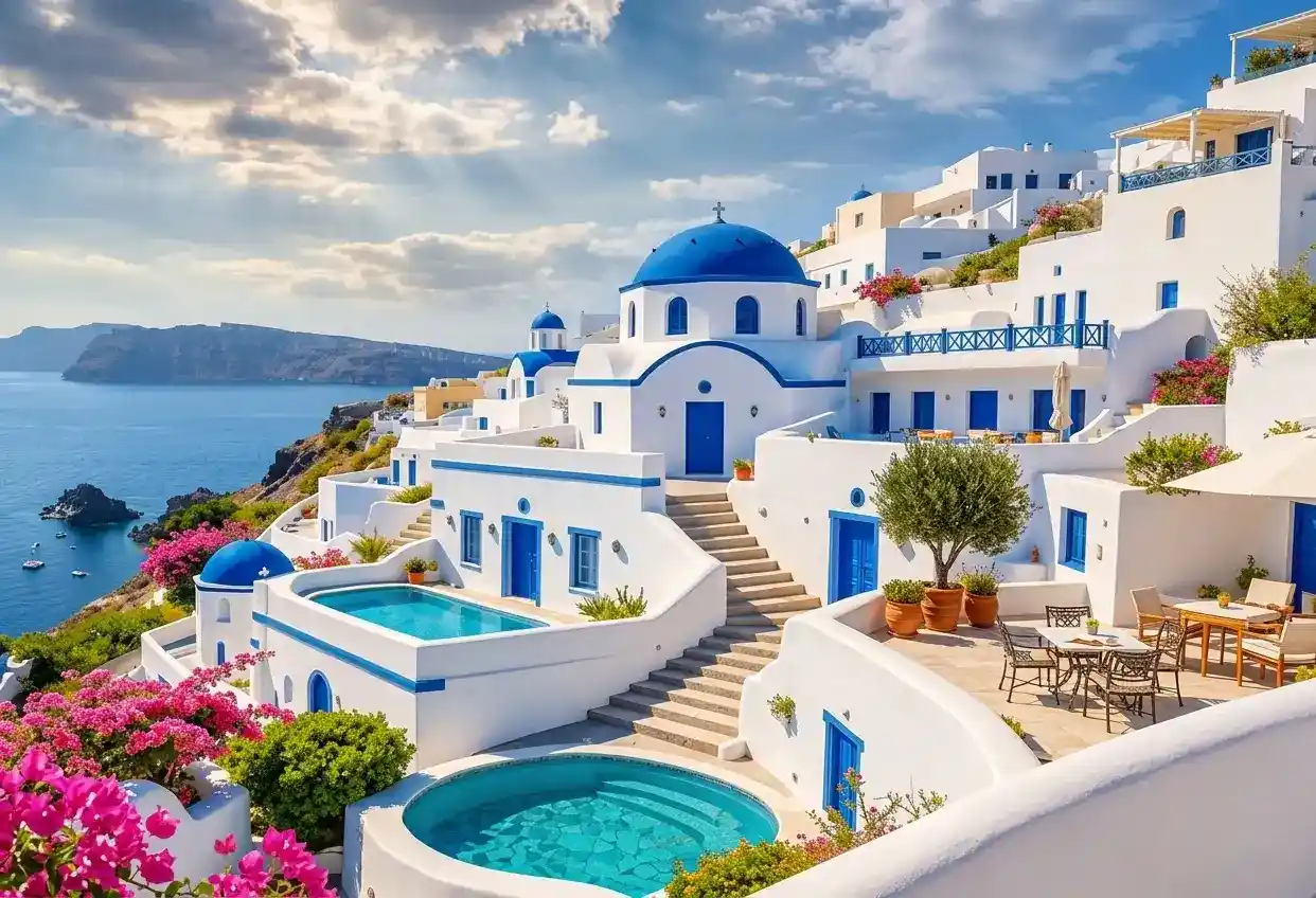 A cliffside village with whitewashed buildings, blue dome roofs, and outdoor swimming pools overlooking the Aegean Sea.